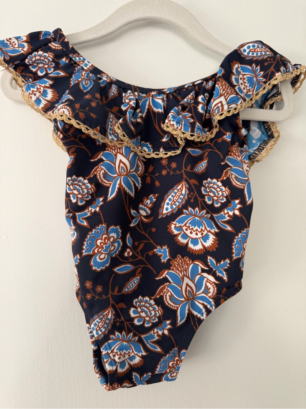 Janie and Jack Floral Ruffle One-Piece Swimsuit - Navy, Blue & Brown baby girl